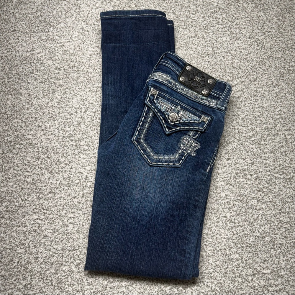 Girls‎ Youth Miss Me Blue Dark Wash Embellished Pockets Skinny Jeans Size 14x30